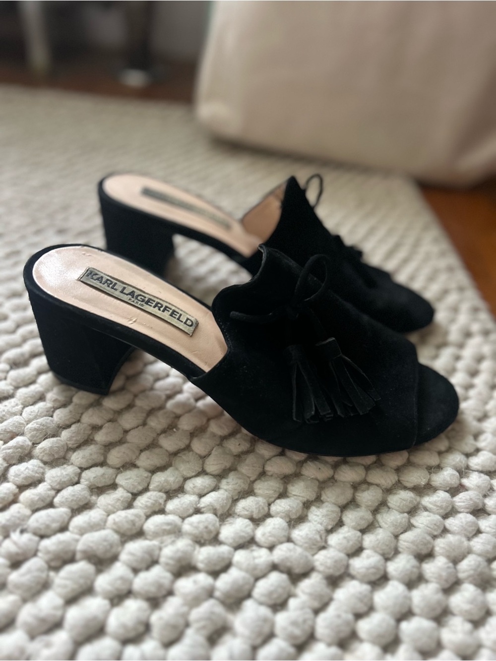 Karl Lagerfeld Black Suede Tassel Block Heel Mules